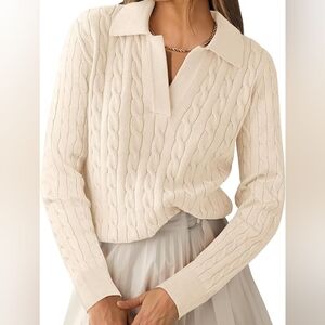 Saodimallsu Womens V Neck Pullover Cable Knit Chunky Beige Sweater with Collar